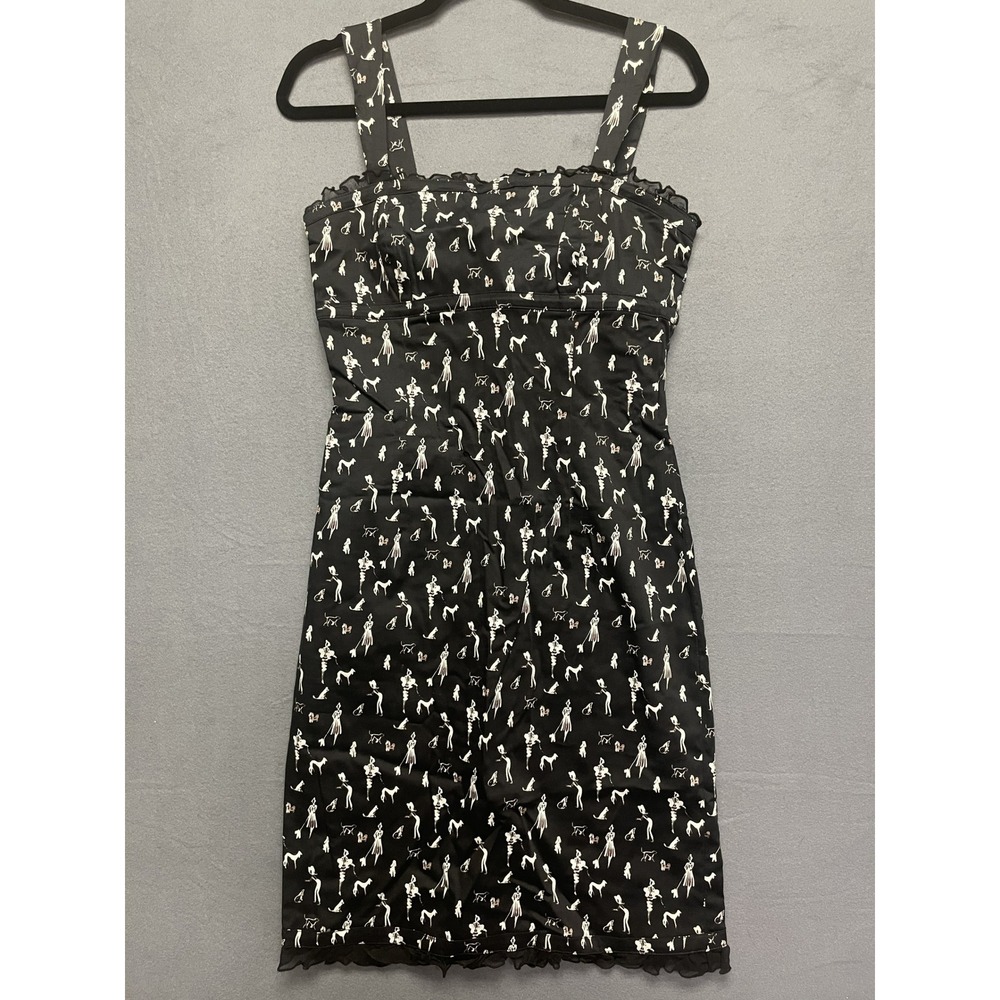Black Novelty Dog Walker Print Ruffle Trim Sheath Dress Sleeveless Square‎ Neck - Picture 2 of 12